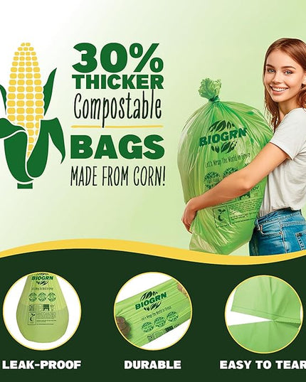 30-33 Gallon Compostable Trash Bags Flat-Top 30 Bags Heavy Duty1.57 Mil, 124.92 Liter Large Lawn and Yard Waste Bag green for Outdoor Garden ASTM D6400, US BPI and OK Compost Home Certified