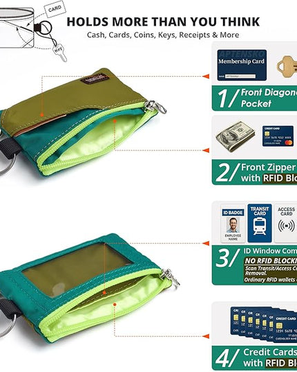 RFID Travel Wallet with Adjustable Lanyard-Zipper Small Wallet with ID Card Holder, Keychain for women&men-Minimalist Slim Waterproof Nylon case for ID, Cash, Key (OliveGreen+Turquoise)