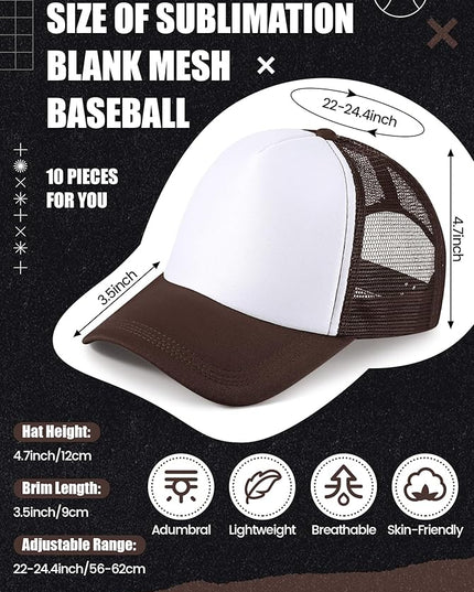 10 Pcs Sublimation Blank Trucker Hats Bulk Mesh Baseball Cap Polyester Mesh Trucker Hat for Men and Women