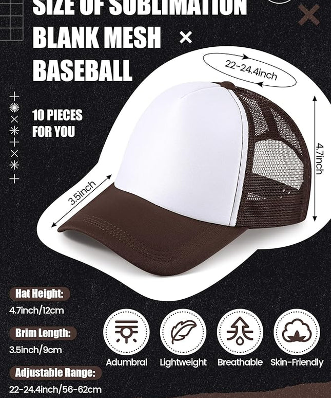 10 Pcs Sublimation Blank Trucker Hats Bulk Mesh Baseball Cap Polyester Mesh Trucker Hat for Men and Women