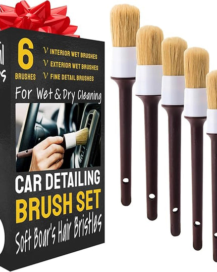 Soft Boar Hair Car Detailing Brush Set - 6-Pack - Scratch-Free Soft Bristle Cleaning Brushes - Reaches Tight Spots & Interior Car Cleaning Kit - Ergonomic & Durable Detailing Supplies
