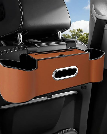 Backseat Car Organizers,4 in 1 Multifunctional Car Back Seat Storage Box with Drink Cup Holder Tissue Box, for Hold Phone,Snacks, Drinks, Handbag (LightBrown)
