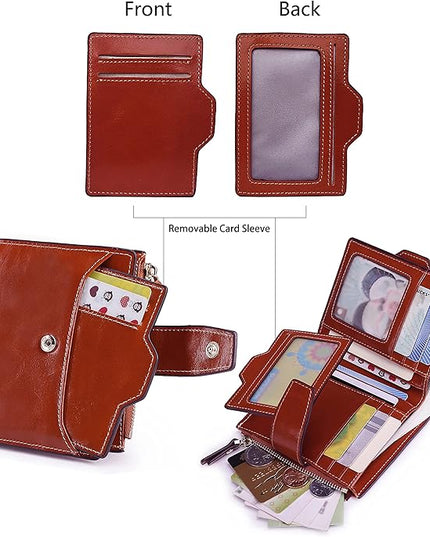 AINIMOER Women's RFID Blocking Leather Small Compact Bi-fold Zipper Pocket Wallet Card Case Purse with id Window