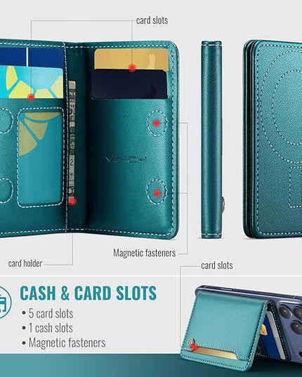 Vinich for MagSafe Wallet Magnetic RFID Blocking Card Holder Compatible with MagSafe Phones and Cases, Strong Magnet Minimalist Phone Wallet for iPhone 17/16/15/14/13/12/Pro/Max/Plus, Bluish Green
