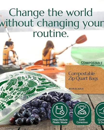Cleanomic Compostable* Quart Size Food Storage Bags (25 Eco Zip) Freezer and Leak Proof, Also Available Gallon, Snack and Sandwich Size Bags