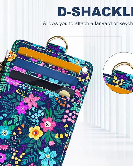 Slim Wallet Credit Card Holder, Purple Floral Print X, RFID Wallet Women Cute Small Front Pocket Wallet With Zipper, PU Leather Thin travel RFID Blocking Card Case ID Window,Ladies Gifts