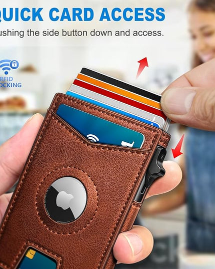 miyozi Airtag Wallet for Men Money Clip 9-Card Pop-Up Credit Card Holder with ID Window RFID Blocking Metal Case Magnetic Closure Front Pocket Wallet Gift Box