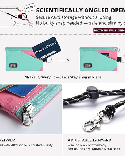 RFID Travel Wallet with Adjustable Lanyard-Zipper Small Wallet with ID Card Holder, Keychain for women&men-Minimalist Slim Waterproof Nylon case for ID, Cash, Key (Mint Aqua+Pink)