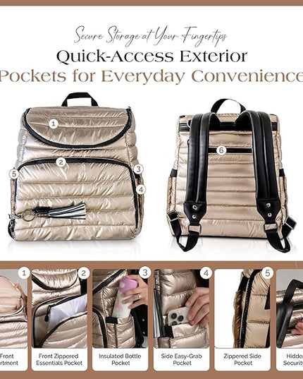 Citi Collective Gallery Diaper Bag Backpack - Casual Day-to-Day Backpack Fits 15" Laptop - Travel Bag with Multiple Compartments, Pockets, Portable Changing Pad, and Shoulder Strap-Gold