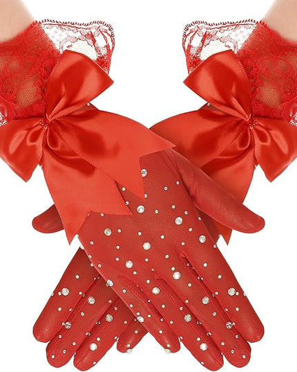 Lace Gloves for Women - Short Bow Rhinestone Tulle Sheer Sparkly Evening Stretchy Gloves for Wedding Opera Party