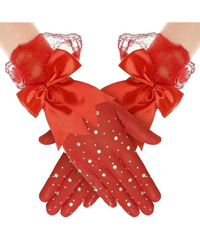 Lace Gloves for Women - Short Bow Rhinestone Tulle Sheer Sparkly Evening Stretchy Gloves for Wedding Opera Party