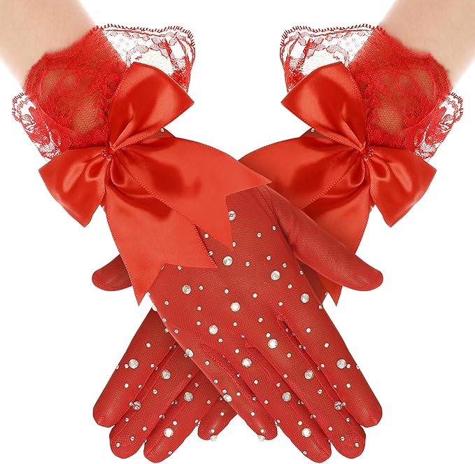 Lace Gloves for Women - Short Bow Rhinestone Tulle Sheer Sparkly Evening Stretchy Gloves for Wedding Opera Party