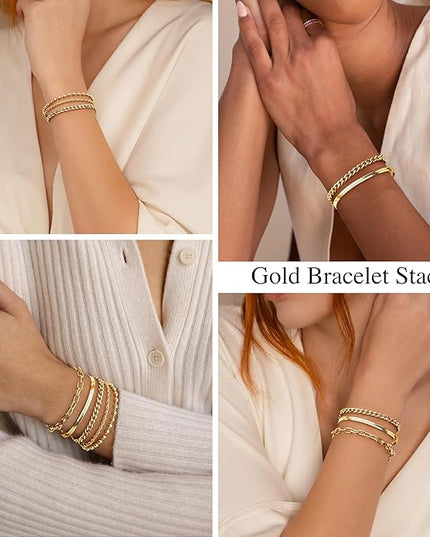 Gold Bracelets Set for Women Stack, Dainty Thick Bracelets Stack for Women Trendy, Simple Thin Gold Plated Cuff Stackable Bracelets With Beaded Cuban Paperclip Snake Rope Bangle Hand Chain Jewelry Gifts for Women Non Tainish