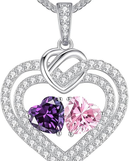 LOUISA SECRET Sparkling Double Heart Birthstone Necklaces for Women, 925 Sterling Silver Fine Jewelry, Pendant Heart Necklaces Birthday Anniversary Christmas Gift for Women Wife Mom Girlfriend Lady