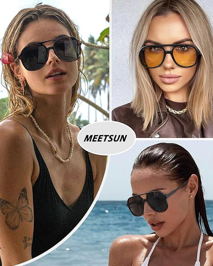 MEETSUN Retro Oversized Aviator Sunglasses for Women Men Trendy 70s 80s Vintage Square Aviators 3 Pack UV400