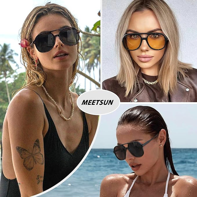 MEETSUN Retro Oversized Aviator Sunglasses for Women Men Trendy 70s 80s Vintage Square Aviators 3 Pack UV400