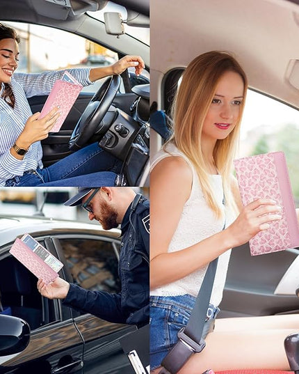 Car Registration and Insurance Holder with Magnetic Closure, Universal Document Organizer for License, Insurance Cards & Glove Box Storage (Heart-Pink)