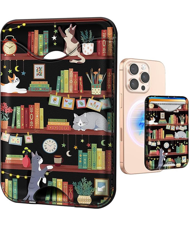 Shorogyt Compatible with Magsafe Wallet Magnetic Card Holder - Book Cat Phone Wallets for Women Teen Girls Cute for iPhone 17/16/15/14/13/12 Series Slim for Apple Mag RFID Magnet, Fit 3 Cards