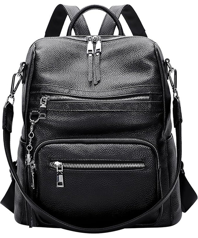 ALTOSY Genuine Leather Backpack Purse for Women Large Shoulder Bag With Laptop Compartment Multiple Pockets(S106 Black)