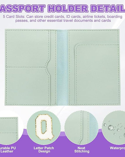 PATIKIL Passport Holder for Travel, Initial Passport Cover and Luggage Tag Set with Alphabet Chenille Letter Patch Travel Wallet Bag Suitcase Identifier for Women Family Travel Green Q