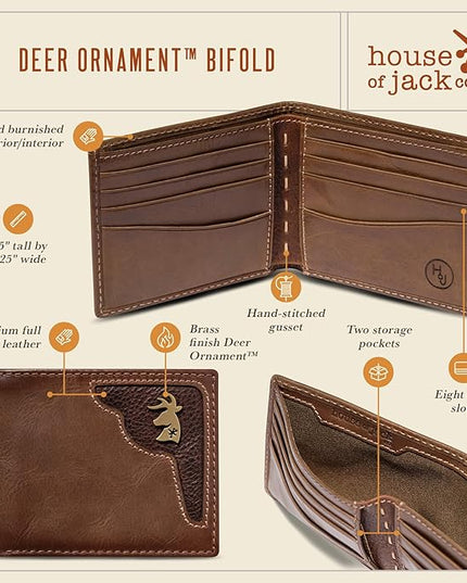 House of Jack Co. Deer Ornament Bifold Wallet for Men and Outdoorsmen, Full Grain Cowhide Leather Wallet, Brown