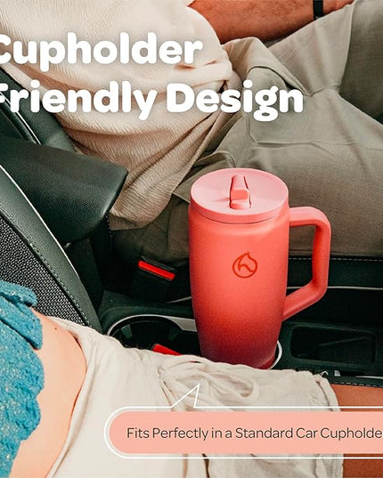 Hydracy 40oz Tumbler with Flip Straw Stainless Steel Insulated Water Bottle with Handle, Reusable Leakproof Rotatable Lid for Left or Right Hand Use, Cupholder Friendly Rubber Base - Coral Crush