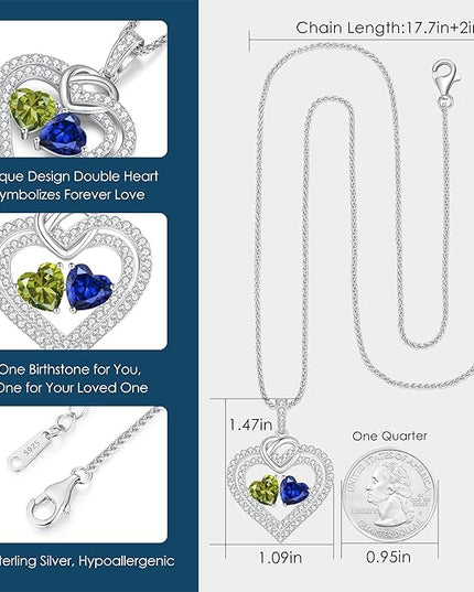 LOUISA SECRET Sparkling Double Heart Birthstone Necklaces for Women, 925 Sterling Silver Fine Jewelry, Pendant Heart Necklaces Birthday Anniversary Christmas Gift for Women Wife Mom Girlfriend Lady