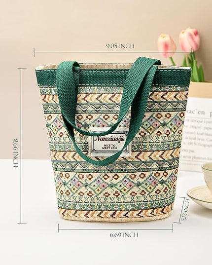 Women Tote Bag,Small Jute Casual Tote's Handbag Embroidered Personalized Bucket Bag,Reusable Grocery Shopping Bags