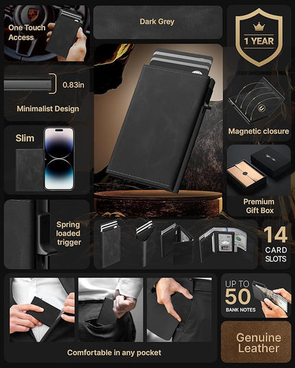 typecase Mens Wallet Card Holder: Pop Up Aluminum Case, Genuine Leather, Smart, RFID Blocking, Slim, Minimalist, Front Pocket - 9-14 Card Capacity | ID Window | Cash Slot - Oil Wax Black