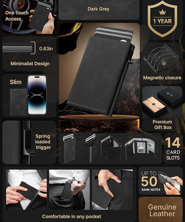 typecase Mens Wallet Card Holder: Pop Up Aluminum Case, Genuine Leather, Smart, RFID Blocking, Slim, Minimalist, Front Pocket - 9-14 Card Capacity | ID Window | Cash Slot - Oil Wax Black