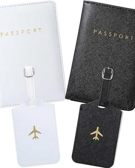 Weewooday 2 Set Mr and Mrs Passport Covers Holder and Luggage Tags Cute Leather Wallets Holder Travel Luggage Tags for Women Men Gift(White, Black)
