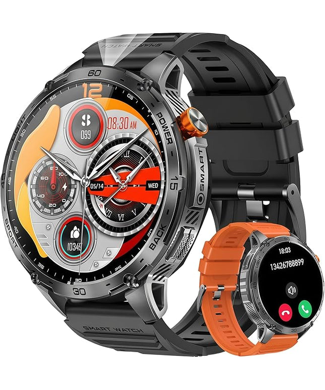 Military Smart Watch, 1.75" Crystal Ultra-Clear AMOLED Display,Spo2 Blood Oxygen Heart Rate Monitor Super Long Standby 730mAh Battery, Bluetooth Calling,LED Flashlight,IP68 Waterproof (Black)