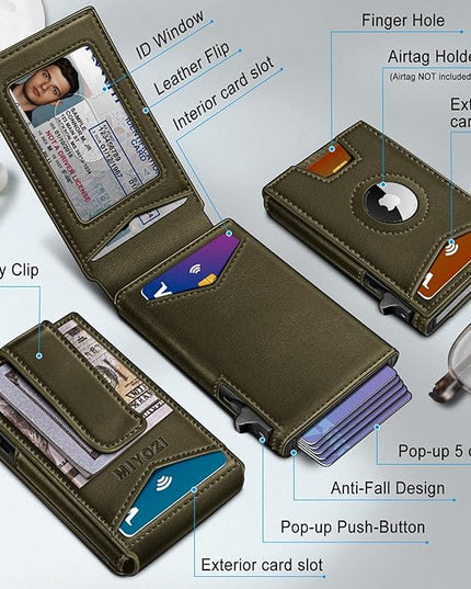 miyozi Airtag Wallet for Men Money Clip 9-Card Pop-Up Credit Card Holder with ID Window RFID Blocking Metal Case Magnetic Closure Front Pocket Wallet Gift Box