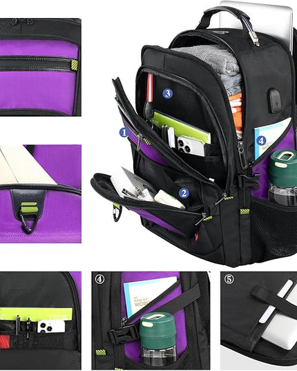 Z-MGKISS Extra Large Laptop Backpack, Water-Resistant 18.4-19 Inch Travel Backpack for Men & Women - Stylish Purple School Bag with USB Charging Port and Multiple Compartments