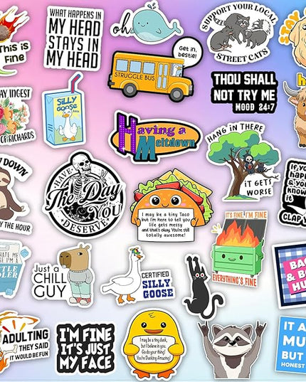 225PCS Funny Holographic Stickers for Adults by Puraesla, Waterproof Vinyl Pack Sarcastic Relatable Meme Decals for Laptop, Water Bottle, Phone, Kindle, Journal, Scrapbooking (Hot Mess Xpress)