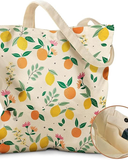 Aesthetic Tote Bag for Girls - with Magnetic Buckle and Zipper Inner Pocket for Women Lady Canvas Cotton Tote Bag