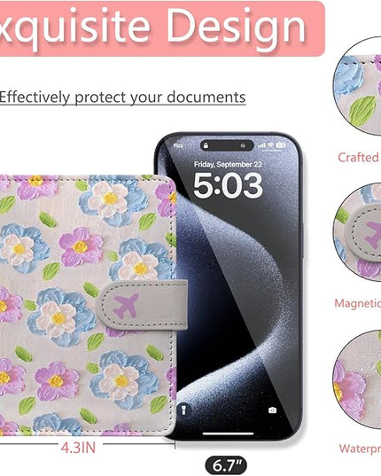 Passport Holder, Travel Wallet Cover with Pen Loop | Cute RFID Blocking Leather Case with Magnetic Closure for Travel Essentials-Flower