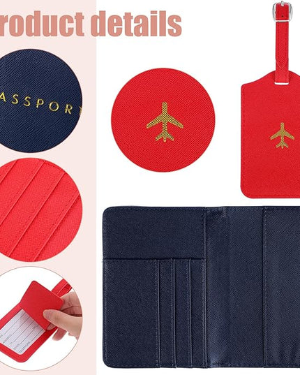 2 Pieces Passport Covers and 2 Pieces Luggage Tags, Passport Holder Travel Suitcase Tag (Red, Blue)