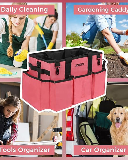 Wearable Cleaning Caddy Bag, Cleaning Caddy Supplies Organizer with Handle & Shoulder Straps for Housekeepers, Under Sink & Car Cleaning Tool Organizers with 4 Foldable Divider (RoseRed)