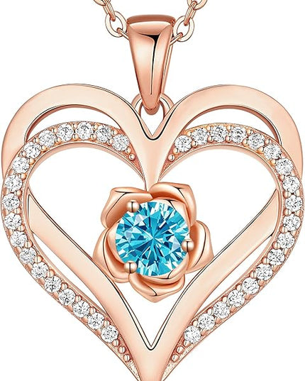 CDE Christmas Gifts for Women S925 Silver Rose Gold Heart Birthstone Necklaces for Women，Ideal Anniversary or Birthday Jewelry Gifts for Wife Girlfriend Her