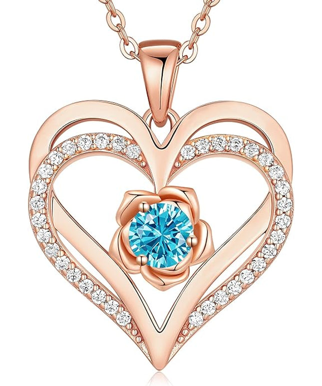 CDE Christmas Gifts for Women S925 Silver Rose Gold Heart Birthstone Necklaces for Women，Ideal Anniversary or Birthday Jewelry Gifts for Wife Girlfriend Her