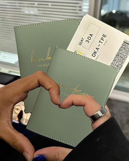 Mr&Mrs Gifts Matching Passport Covers for Mr and Mrs, Husband and Wife Gifts Passport Holders, Engagement Gifts for Couples, Honeymoon Travel Essentials Gift for Newlyweds(HW Sage Green)
