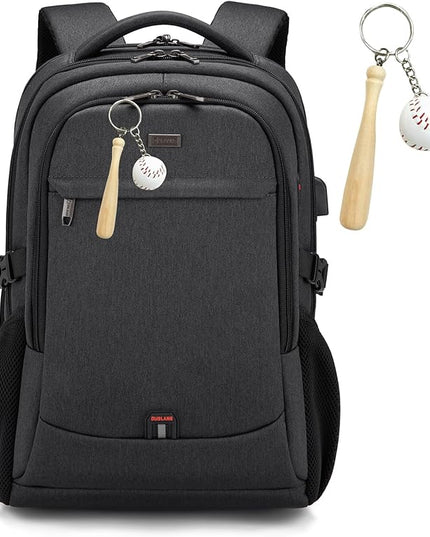 DUSLANG 17 Inch Laptop Backpack for Travel Water Resistant College Backpack for Men/Women Laptop Bag with USB Charging Port and Baseball Keychain for backpack, Black