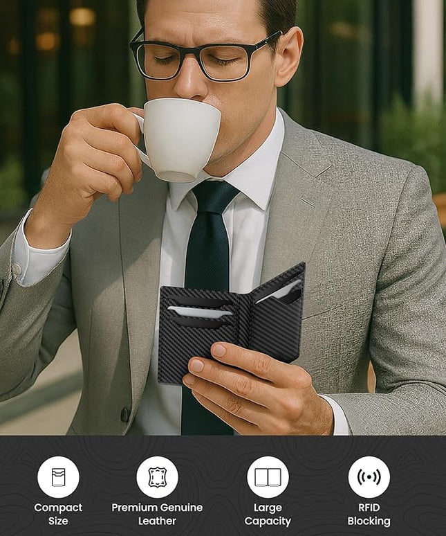 typecase Leather Wallet for Men Card Holder: Premium Genuine Leather, RFID Blocking, Slim, Minimalist, Front Pocket - 15 Cards Capacity | ID Window | Money Clip (Carbon Fiber)