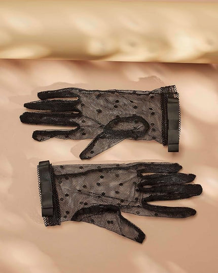 Sacina Goth Black Mesh Lace Bow Gloves, Gothic Y2k Lolita Vintage Costume Accessories