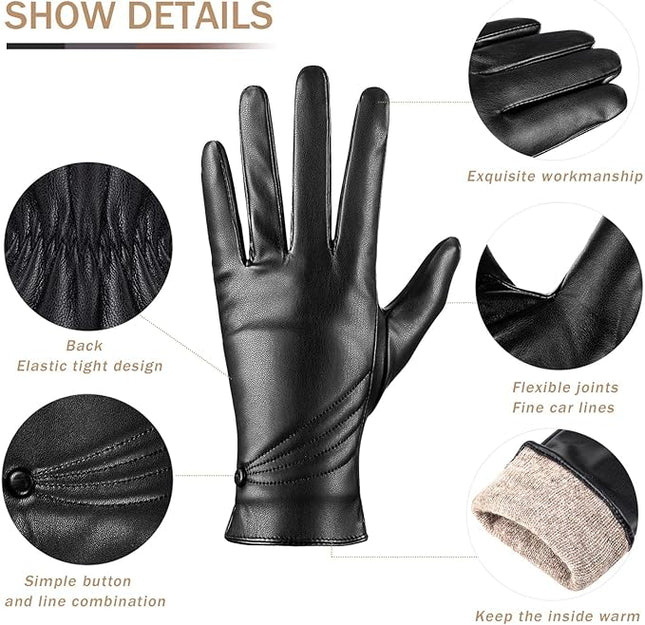 Winter Leather Gloves for Women, Warm Touchscreen Driving Texting Cashmere Lined Gloves…