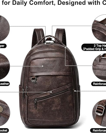 43L Backpack for Women Men - Vegan Leather Backpack Purse Travel Carry-on Bag College Bookbag Work fits 17" Laptop, Coffee
