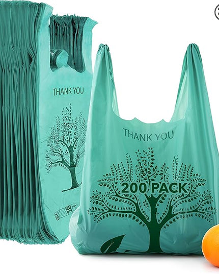200 Pack Thank You Bags Disposable Eco Grocery T-Shirt Bag with Handles for Supermarket, Groceries, Produce, Shopping, Trash, Small Commercially Compostable Baggies Bulk