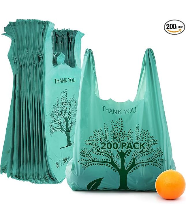 200 Pack Thank You Bags Disposable Eco Grocery T-Shirt Bag with Handles for Supermarket, Groceries, Produce, Shopping, Trash, Small Commercially Compostable Baggies Bulk