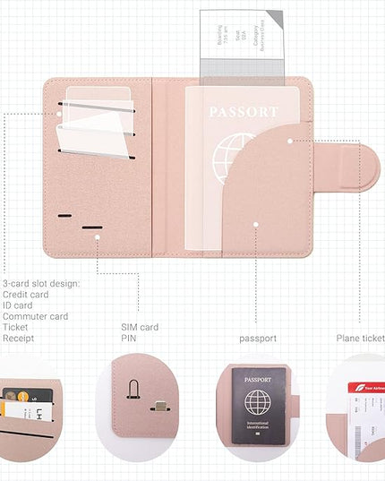 LHiDS Leatherette Passport Holder with RFID Protection, Premium PU Leather, Snap Button Closure, Travel Passport Wallet Cover for Passport, Boarding Passes, Business Cards, Cash (Rose Pink)